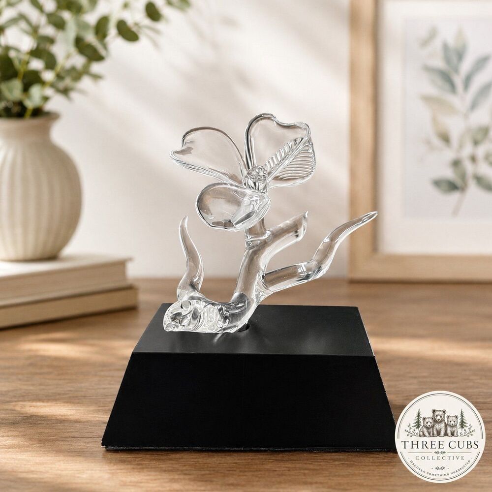 Frabel Studios Glass Orchid Flower Sculpture Black Base Art Figurine Vintage